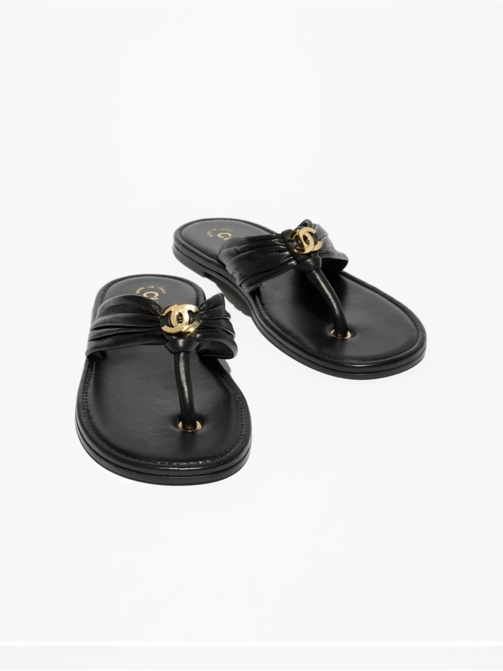 Brand New! CocoCHANEL 2026 Summer.  Black Leather Thong with Gold CC Hardware